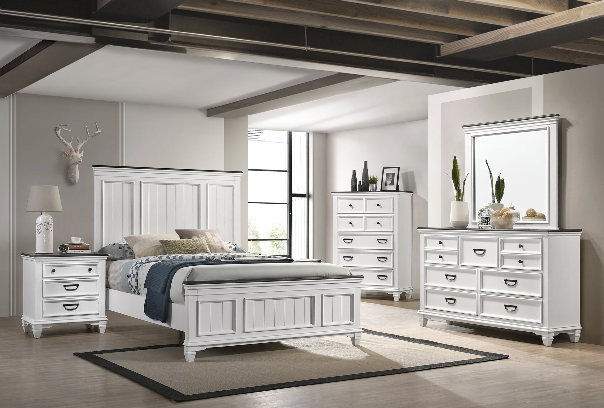 5-Piece Wood Bedroom Set with Shiplap Panel Queen Bed, Dresser, Mirror, Nightstand, and Chest - Ohberri