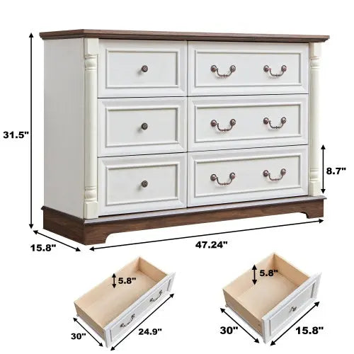 Farmhouse Style 6 Drawer Dresser Chest With Base Wooden Rustic Chest Of Drawers, Storage Dresser Organizer For Bedroom, Living Room, Beautiful Sturdy And Durable My Store