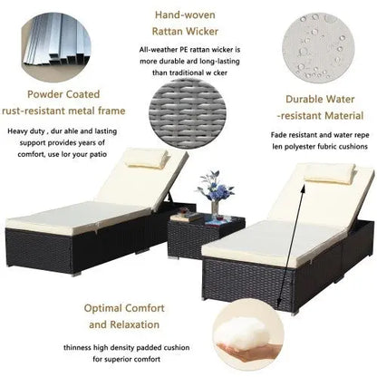 3-Piece Outdoor Patio Furniture Set Chaise Lounge, Patio Reclining Rattan Lounge Chair Chaise Couch Cushioned With Glass Coffee Table, Adjustable Back And Feet, Lounger Chair For Pool Garden, Beige My Store