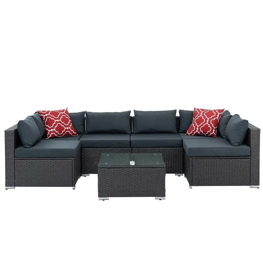 Patio Furniture, Outdoor Furniture, Seasonal PE Wicker Furniture, 7 Set Wicker Furniture With Tempered Glass Coffee Table My Store