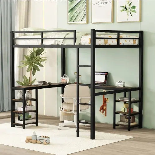 Full Metal Loft Bed With Desk And Shelves, Loft Bed With Ladder And Guardrails, Loft Bed Frame For Bedroom My Store
