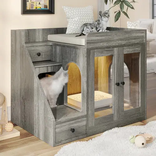 Indoor Cat House Enclosure With Light , Hidden Litter Box Furniture With 2 Storage Drawers My Store