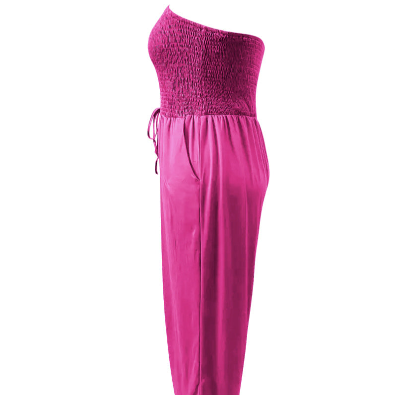Ladies' Elegant Jumpsuit Solid Color Strapless Top Straight Leg Pants Sleeveless Loose Pants Inkedjoy