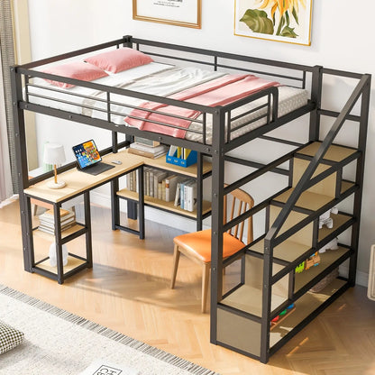 Full Size Metal Loft Bed With Staircase, Built-in Desk And Shelves, Black My Store