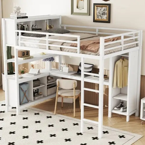 Metal Loft Bed With Wardrobe And L-shaped Desk, Full Size Loft Bed With Storage Cubes And Shelves My Store