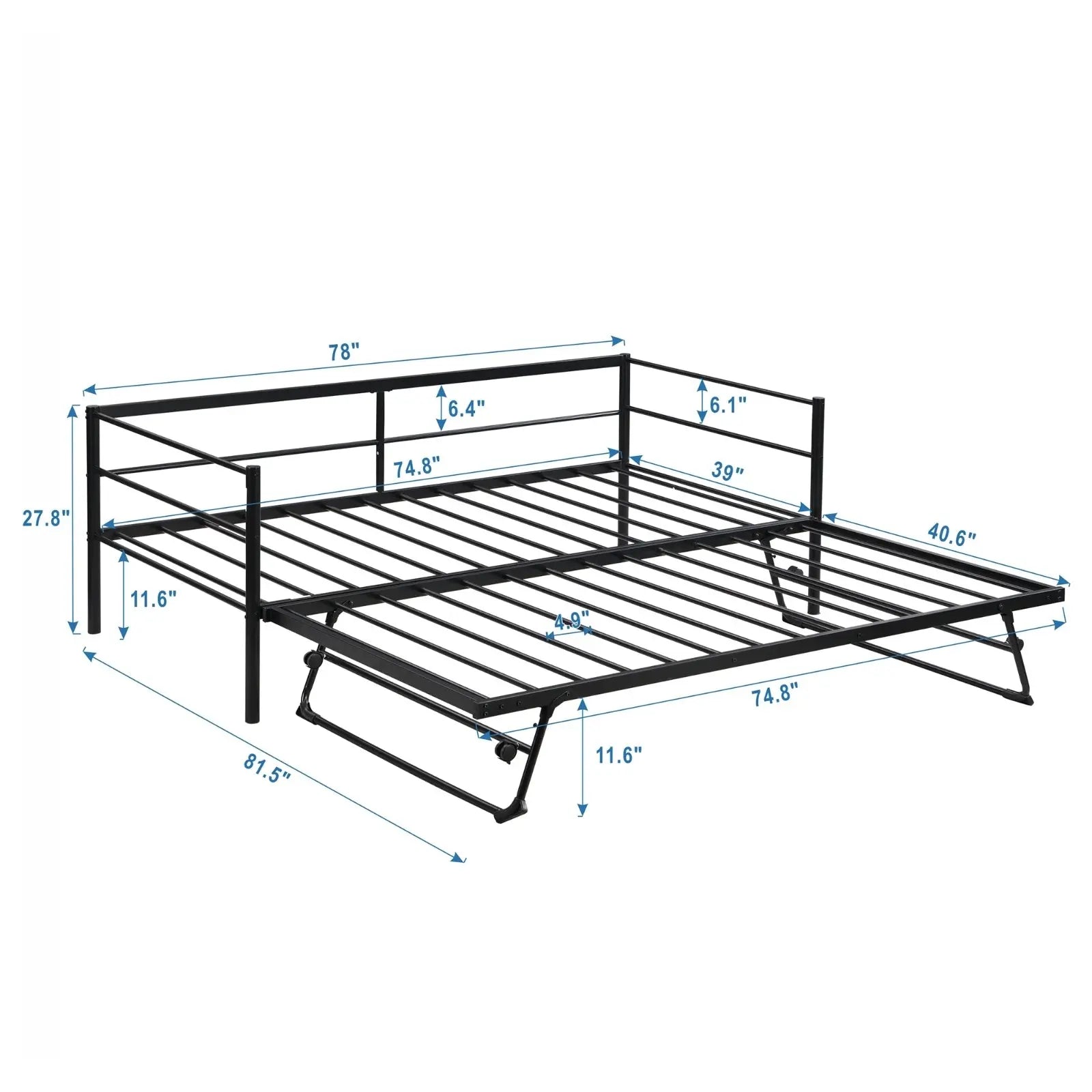 Twin Size Metal Daybed With Adjustable Trundle Up Trundle, Black My Store