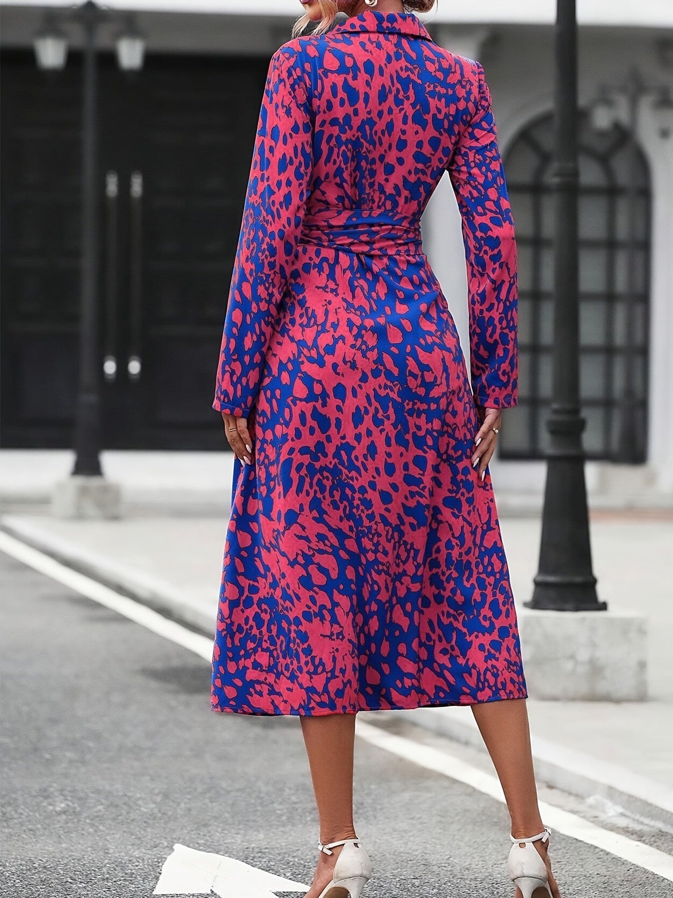 Women's Long-Sleeved All-Over Leopard Print Belted Shirt Dress - Casual Maxi Dress Inkedjoy