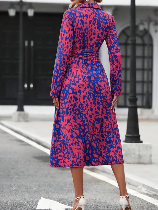 Women's Long-Sleeved All-Over Leopard Print Belted Shirt Dress - Casual Maxi Dress Inkedjoy