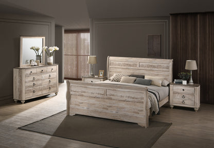 Contemporary White Wash Finish King Sleigh Bed Set with Dresser, Mirror, and 2 Nightstands - Ohberri