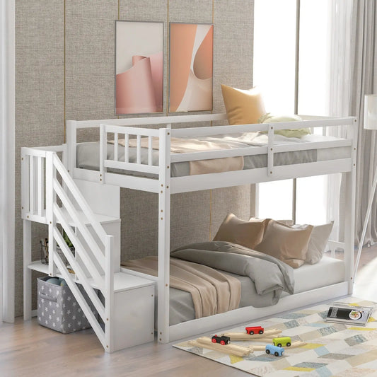 Twin Over Twin Floor Bunk Bed, Ladder With Storage, White My Store