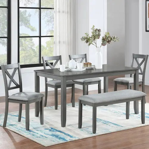 6 Piece Kitchen Dining Set, Rectangular Wooden Dining Table With 4 Upholstered Chairs And A Bench My Store