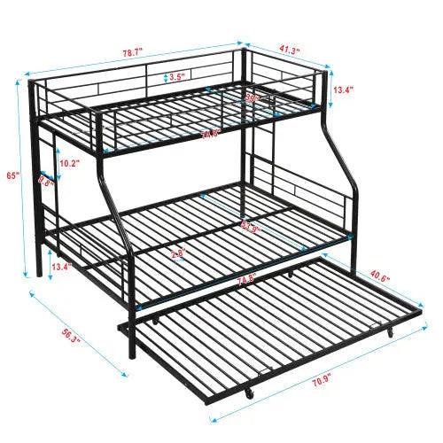 Twin Over Full With Trundle Metal Bunk Bed , No Box Spring Needed, Easy Assemble My Store