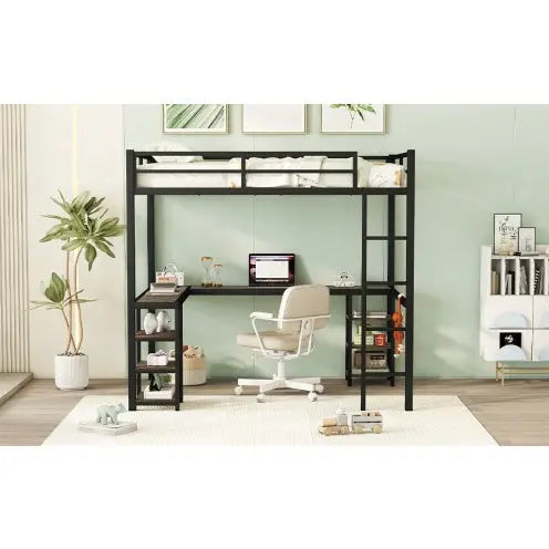 Full Metal Loft Bed With Desk And Shelves, Loft Bed With Ladder And Guardrails, Loft Bed Frame For Bedroom My Store