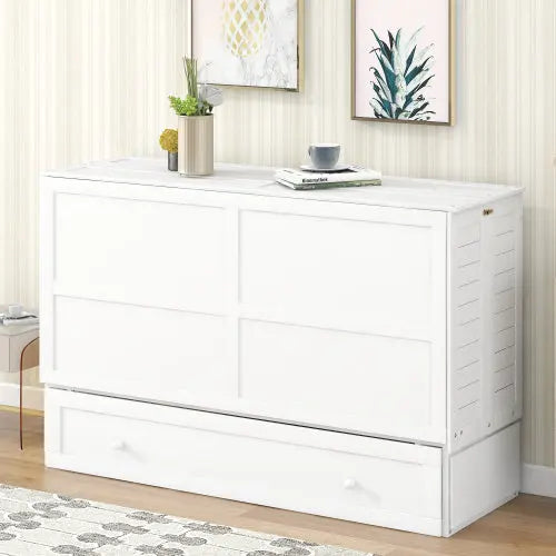 Queen Size Mobile Murphy Bed With Drawer And Little Shelves On Each Side,White My Store
