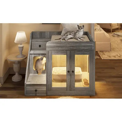 Indoor Cat House Enclosure With Light , Hidden Litter Box Furniture With 2 Storage Drawers My Store
