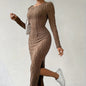 Women's Crew Neck Long Sleeve Ribbed Dress Side Slit Knit Bodycon Midi Dress Inkedjoy