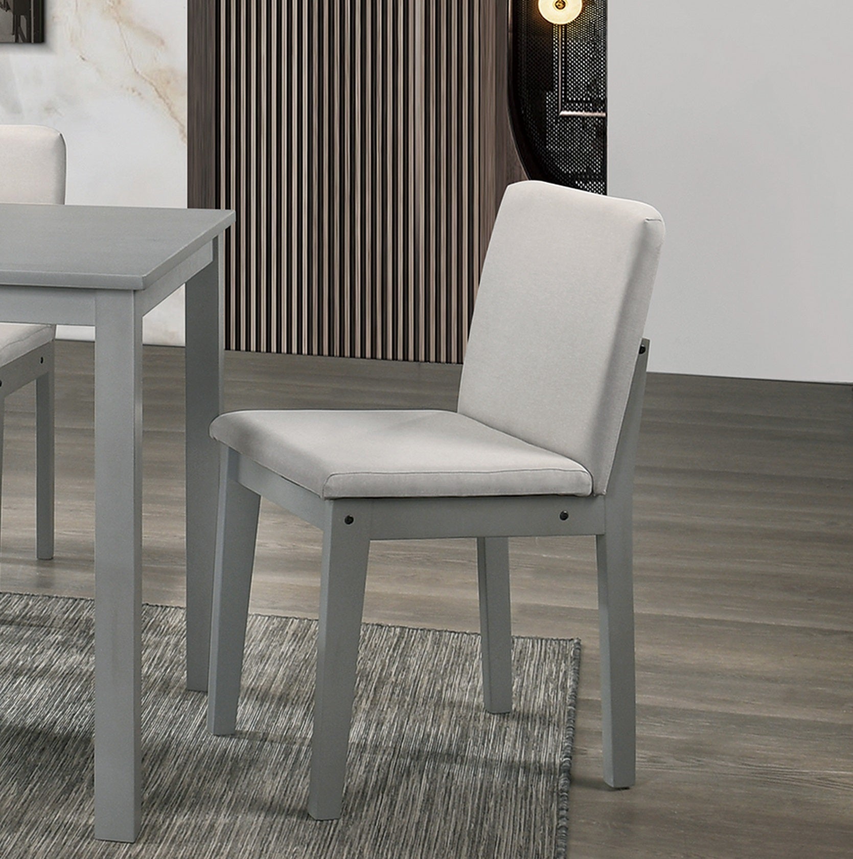 Grey Finish 5 Piece Dining Room Set Dining Table 4x Chairs Beige Fabric Chairs Inkedjoy