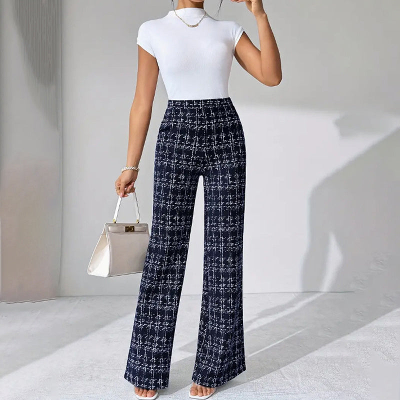Women's Printed Check High-Waisted Straight Leg Pants My Store