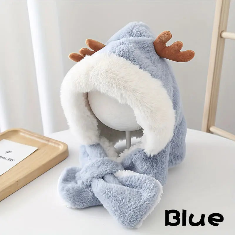Cute Deer Hat Women Plush Rabbit Ear Funny Lolita Sweet Kawaii Winter Fluffy Fleece Warm Hat Plush Winter Thickened Cute Antlers Baby Hat With Scarf For 5-10 Y Children My Store