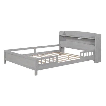 Wood Full Size Platform Bed With Built-in LED Light, Storage Headboard And Guardrail, Antique Grey My Store