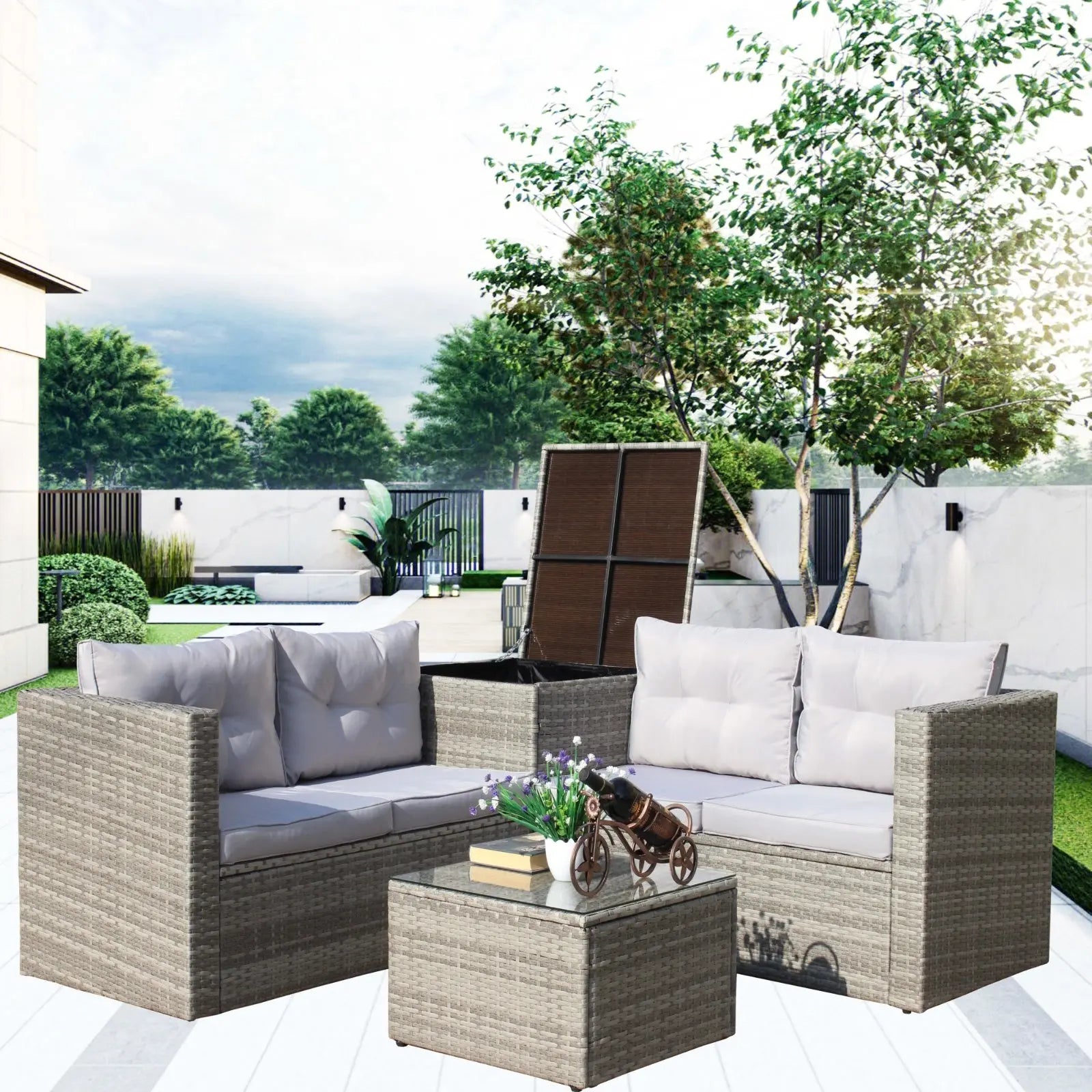 4Pc Patio Sectional Wicker Rattan Sofa Set W  Storage Box Grey My Store