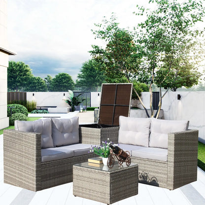 4Pc Patio Sectional Wicker Rattan Sofa Set W  Storage Box Grey My Store