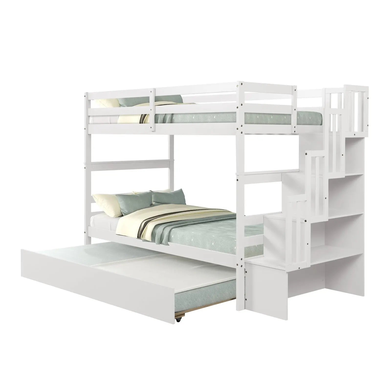 Twin Bunk Beds With Trundle & Stairway Storage In White Siesta
