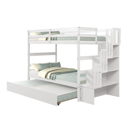 Twin Bunk Beds With Trundle & Stairway Storage In White Siesta