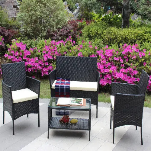 4 PC Rattan Patio Furniture Set Outdoor Patio Cushioned Seat Wicker Sofa Beige Cushion My Store