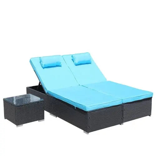3-Piece Outdoor Patio Furniture Set Chaise Lounge, Patio Reclining Rattan Lounge Chair Chaise Couch Cushioned With Glass Coffee Table, Adjustable Back And Feet, Lounger Chair For Pool Garden, Blue My Store