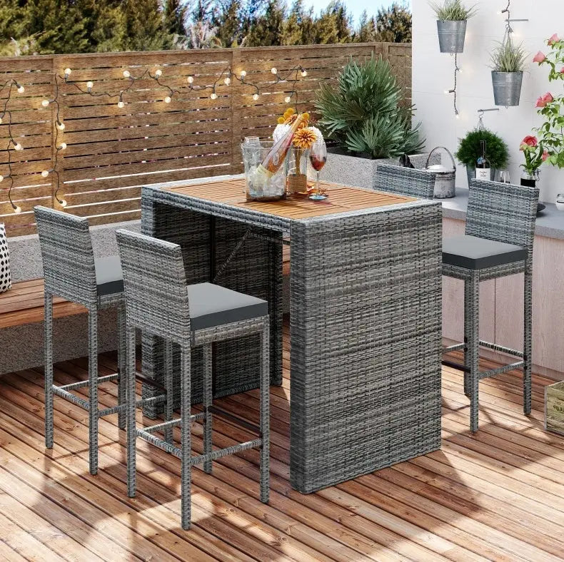 5-Piece Outdoor Patio Wicker Bar Set With Bar Height Chairs & Non-Slip Feet My Store