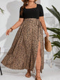 Women's Plus Size Side-Slit Summer Spliced Print Elegant Dress With Short Sleeves And Belt Inkedjoy