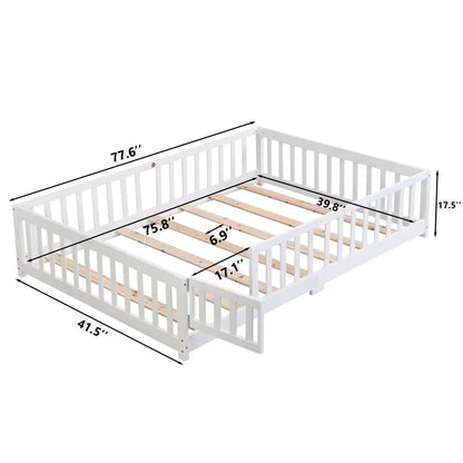 Twin Size Floor Bed With Door,Solid Wood Platform Bed Frame With Fence,Suitable For Children,Pine Wood, My Store