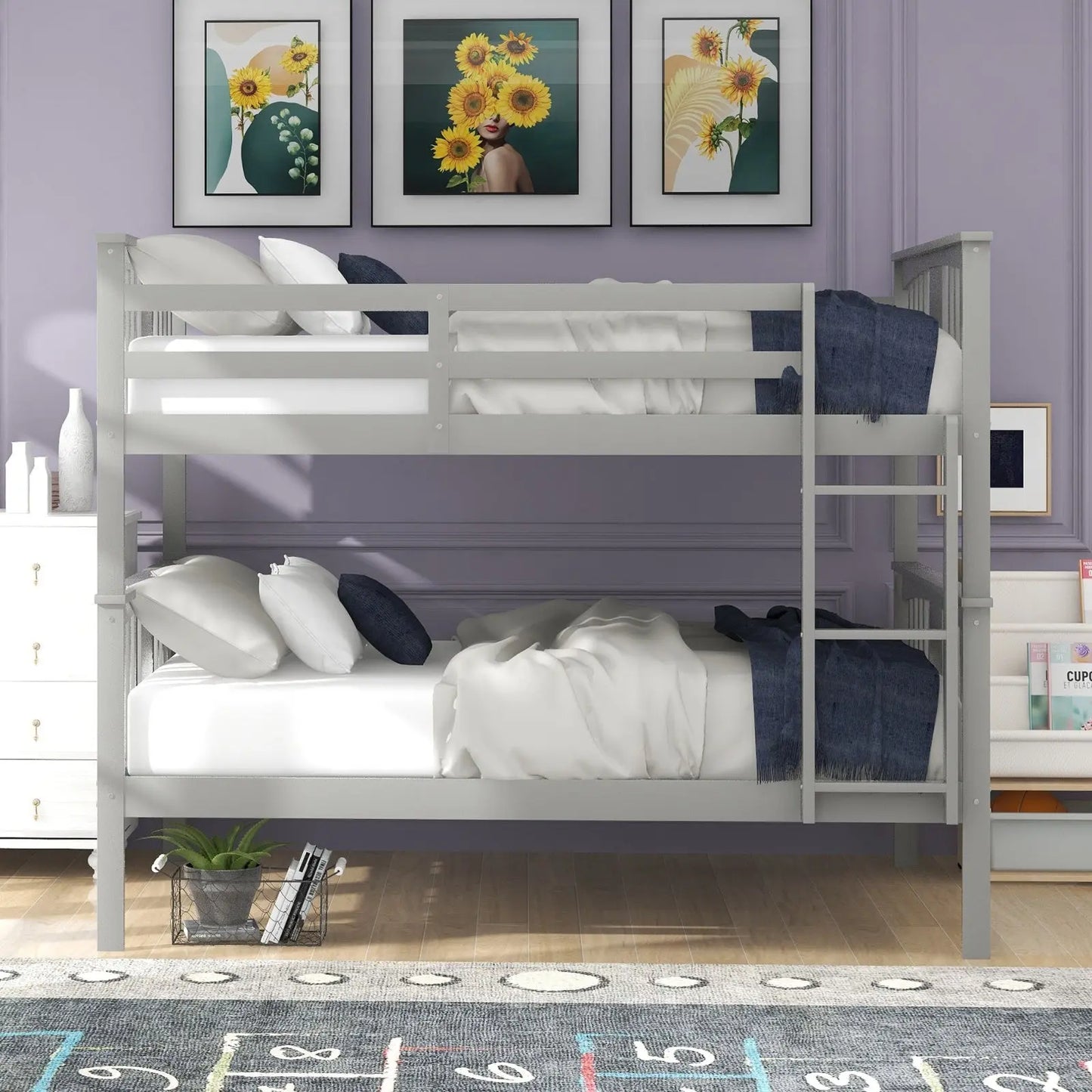 Full Over Full Bunk Bed With Ladder For Bedroom, Guest Room-Gray My Store