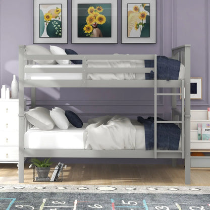 Full Over Full Bunk Bed With Ladder For Bedroom, Guest Room-Gray My Store
