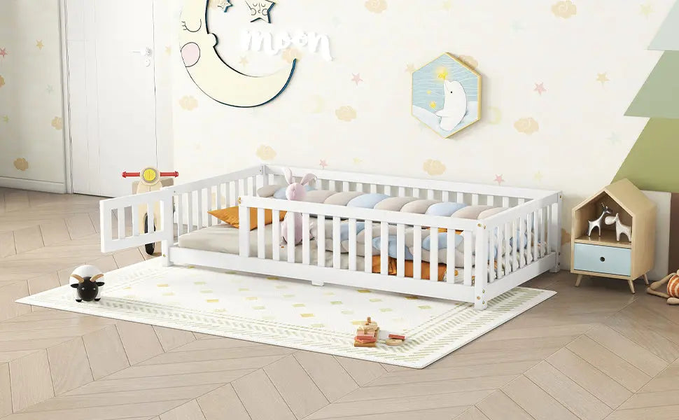 Twin Size Bed Floor Bed With Safety Guardrails And Door For Kids, White My Store