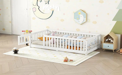 Twin Size Bed Floor Bed With Safety Guardrails And Door For Kids, White My Store
