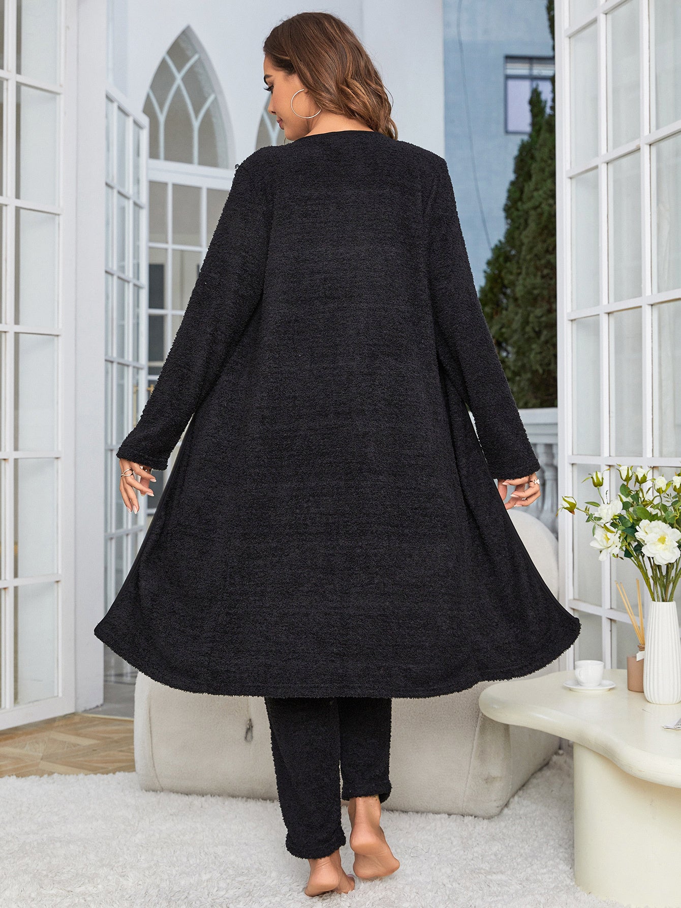 Fuzzy 3 Piece Open Front Cardigan Crop Tank Tops Wide Legs Pants Lounge Sets My Store