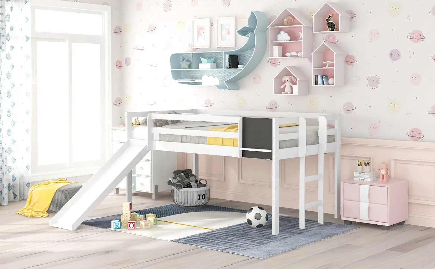 Twin Loft Bed With Slide, Stair, Chalkboard - White My Store