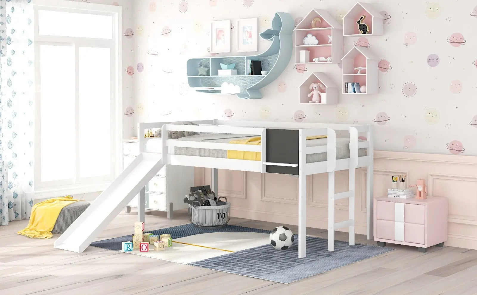 Twin Loft Bed With Slide, Stair, Chalkboard - White My Store