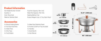 4 Pack Chafing Dish Buffet Set Stainless Steel Chafer w/4 Full Size Pan Round Catering Warmer Ohberri