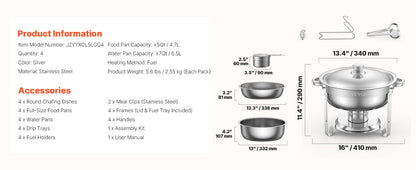 4 Pack Chafing Dish Buffet Set Stainless Steel Chafer w/4 Full Size Pan Round Catering Warmer Ohberri