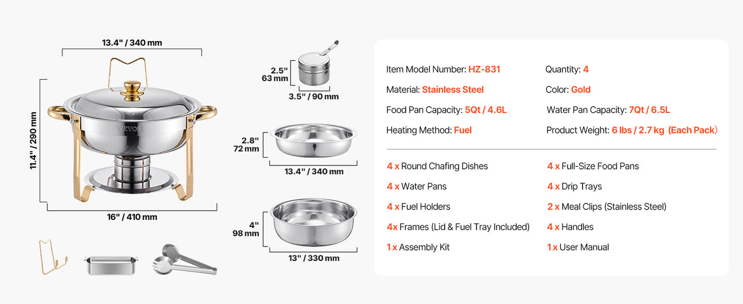 4 Pack Chafing Dish Buffet Set Stainless Steel Chafer w/4 Full Size Pan Round Catering Warmer Ohberri