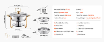 4 Pack Chafing Dish Buffet Set Stainless Steel Chafer w/4 Full Size Pan Round Catering Warmer Ohberri