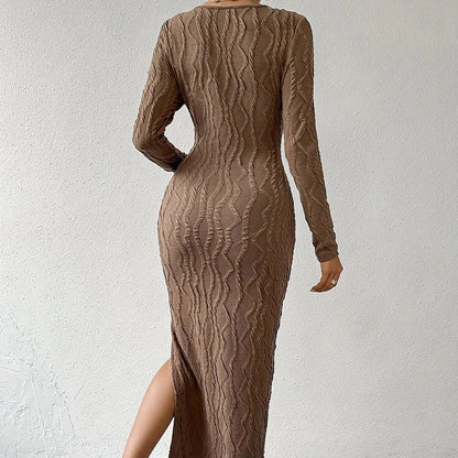 Women's Crew Neck Long Sleeve Ribbed Dress Side Slit Knit Bodycon Midi Dress Inkedjoy