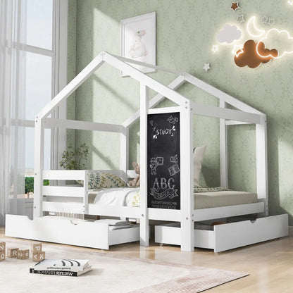 Twin House Bed With Blackboard And Drawers, Two Assembly Options, White My Store