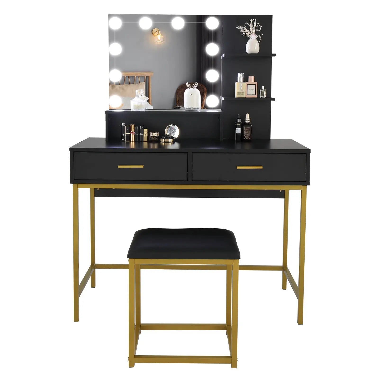 Black, Particleboard, Steel Frame, Two-drawer, Three-tier Shelf, Dressing Table Set, Three-tone Light, Light Luxury My Store