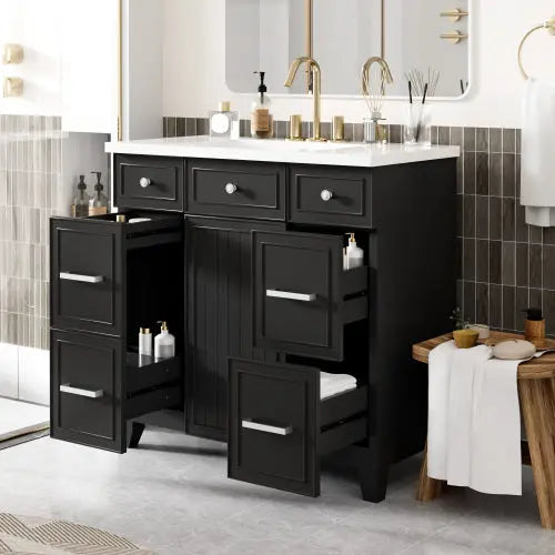 Vanity Cabinet With Sink Top Combo Set  And 3 Drawers- Black Ohberri