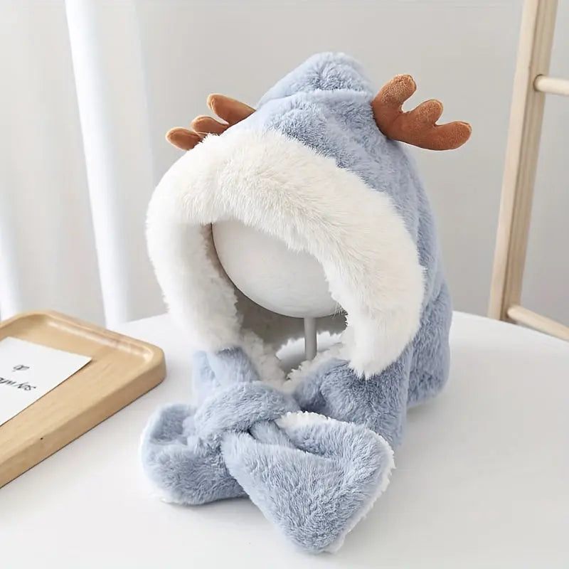 Cute Deer Hat Women Plush Rabbit Ear Funny Lolita Sweet Kawaii Winter Fluffy Fleece Warm Hat Plush Winter Thickened Cute Antlers Baby Hat With Scarf For 5-10 Y Children My Store