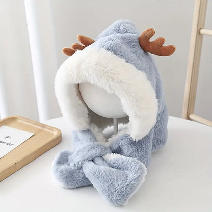 Cute Deer Hat Women Plush Rabbit Ear Funny Lolita Sweet Kawaii Winter Fluffy Fleece Warm Hat Plush Winter Thickened Cute Antlers Baby Hat With Scarf For 5-10 Y Children My Store